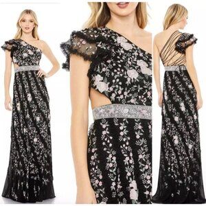 New Mac Duggal Size 4 Black Floral Embroidered Ruffle One Shoulder Lace Up Gown